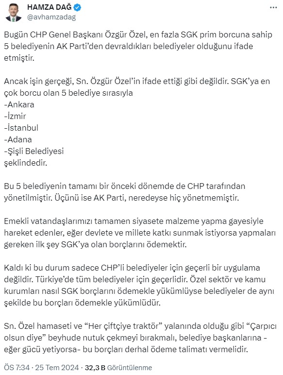 AK Partili Hamza Dağ'dan Özgür Özel'e: En borçlu 5 belediyeyi bir önceki dönem de CHP yönetti