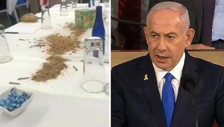 Netanyahu, ABD’de hak ettiği gibi karşılandı! Masaya kurt, hamam böceği, solucan döktüler