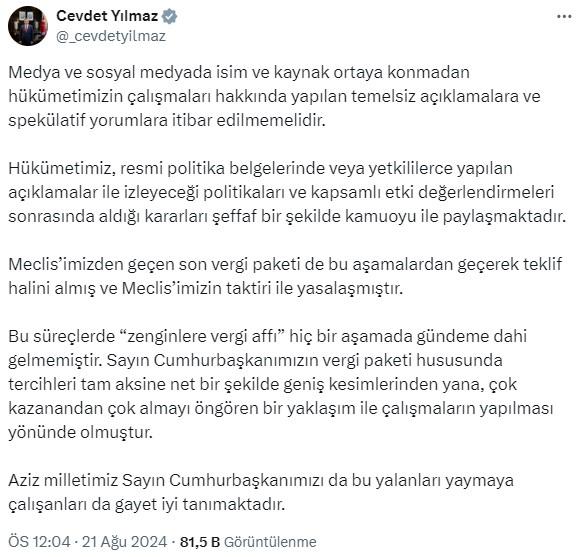 Cevdet Yılmaz: Zenginlere vergi affı gündeme gelmedi