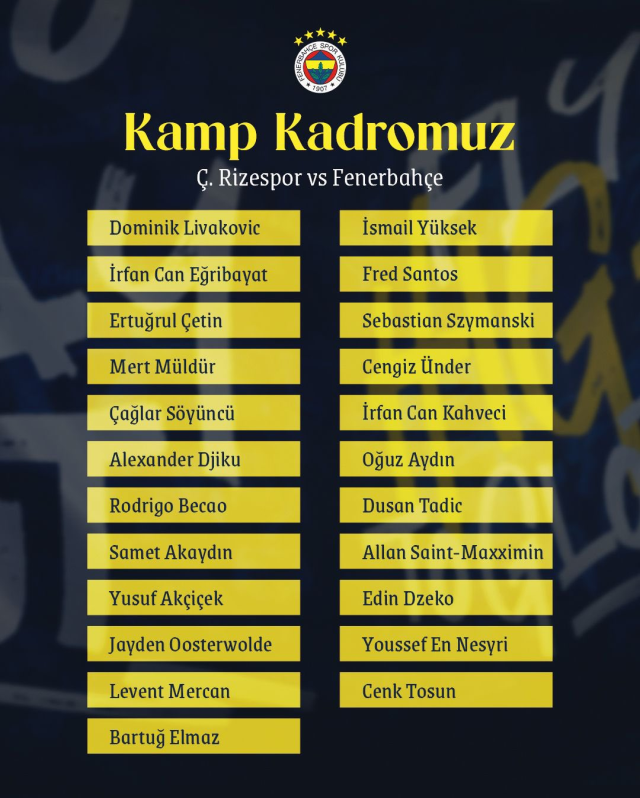 Tam 5 eksik! Fenerbahçe'nin Çaykur Rizespor maçı kamp kadrosu belli oldu