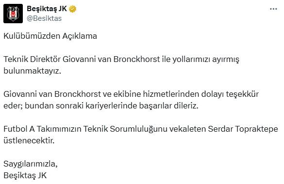 Beşiktaş'ta teknik direktör Giovanni van Bronckhorst ile yollar ayrıldı