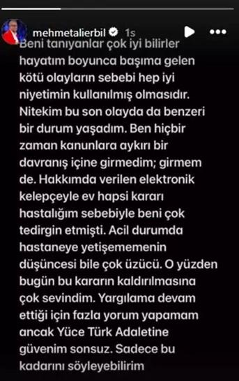 Ev hapsi kaldırılan Mehmet Ali Erbil'den ilk açıklama: İyi niyetim kullanıldı