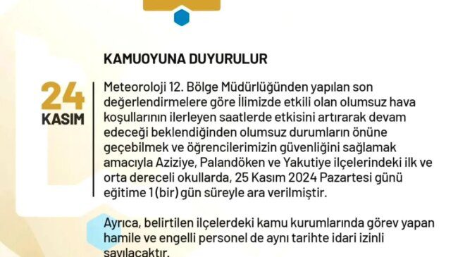 Erzurum’da Kar Yağışı Nedeniyle Eğitime Ara Verildi