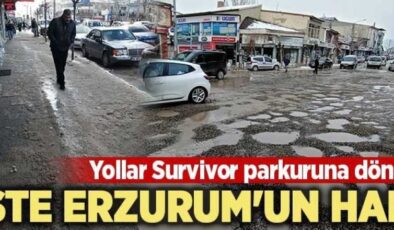 Erzurum'da kaldırımlar buz pistine döndü